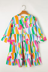 Green Abstract Print Ruffled Sleeve V Neck Dress Mini Dresses JT's Designer Fashion