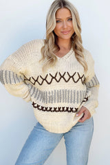 Parchment Contrast Stitch Detail V Neck Drop Shoulder Sweater Sweaters JT's Designer Fashion