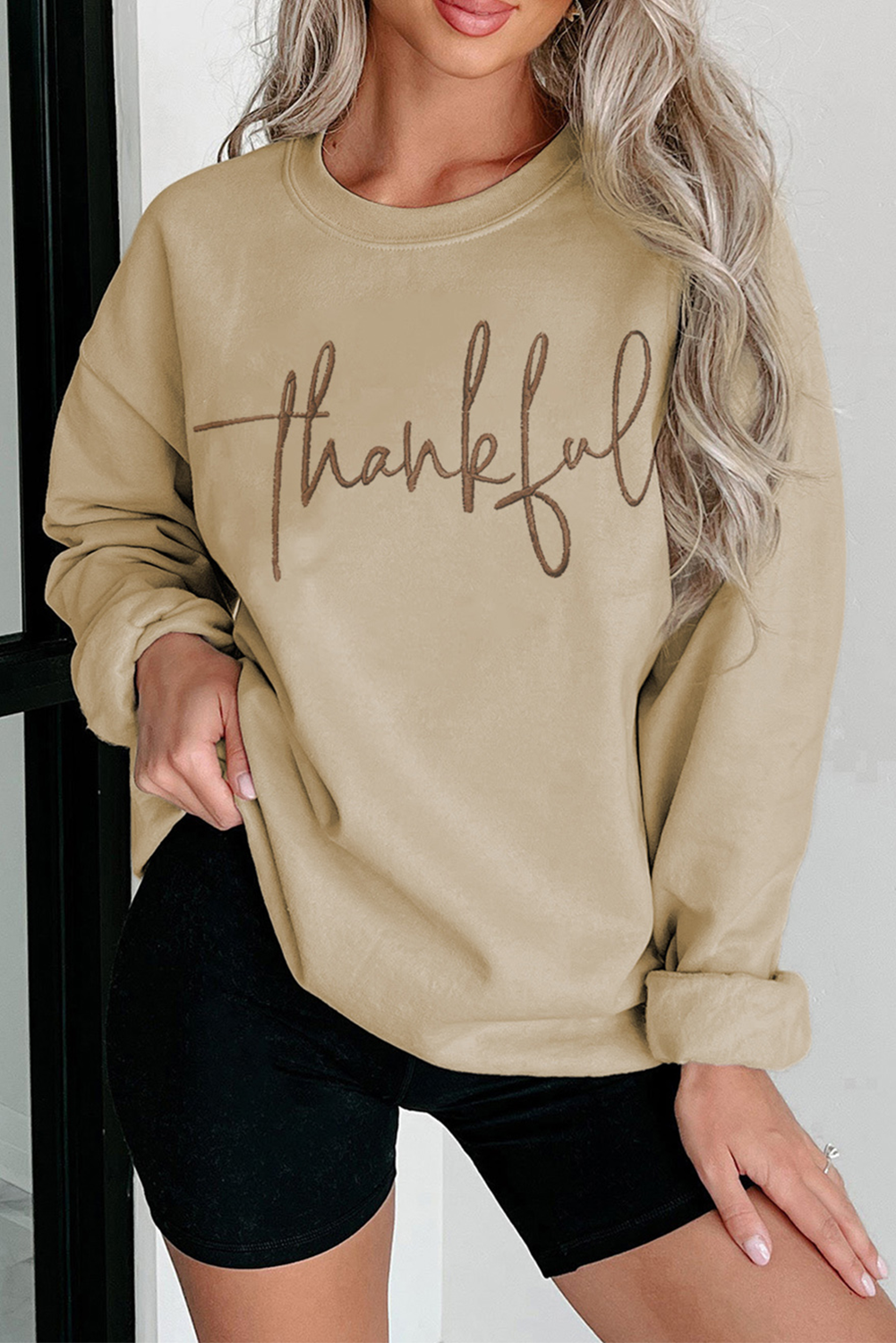 Parchment thankful Embroidered Drop Shoulder Pullover Sweatshirt Graphic Sweatshirts JT's Designer Fashion