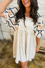 Beige Western Aztec Print Pleated Square Neck Loose Mini Dress Mini Dresses JT's Designer Fashion
