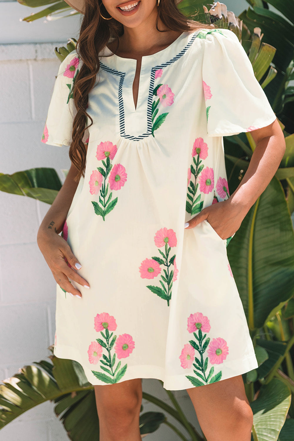 Apricot Floral Short Sleeve Split Neck Loose Mini Dress Floral Dresses JT's Designer Fashion