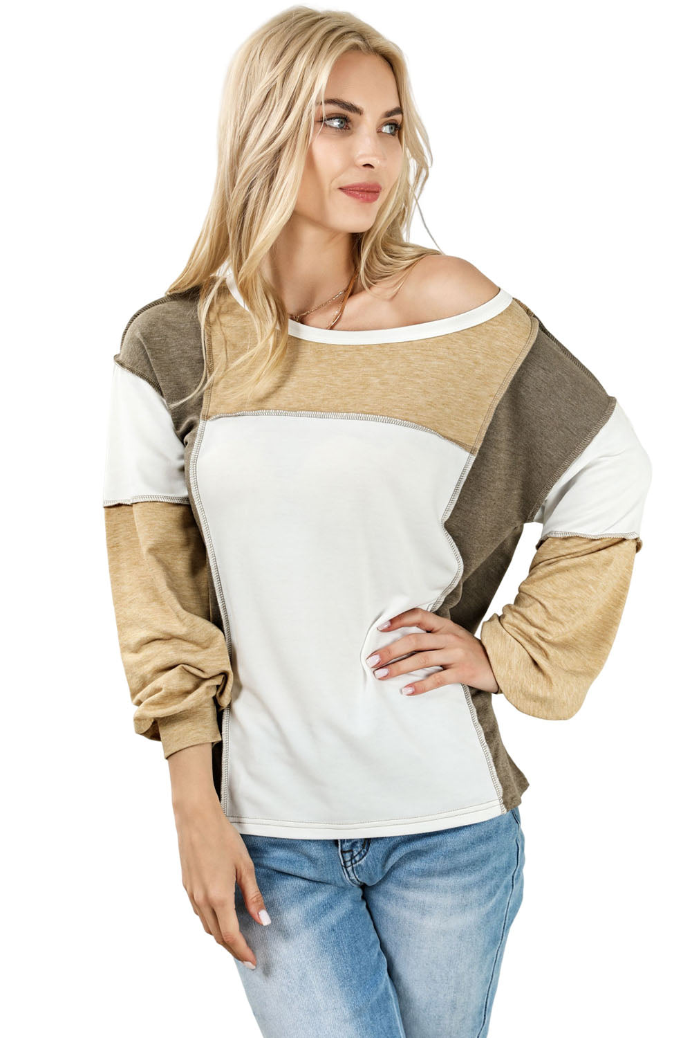 Khaki Exposed Seam Color Block Patchwork Top Long Sleeve Tops JT's Designer Fashion