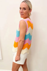 Multicolour Striped Colorblock Scalloped Hem Knitted Vest Sweaters & Cardigans JT's Designer Fashion