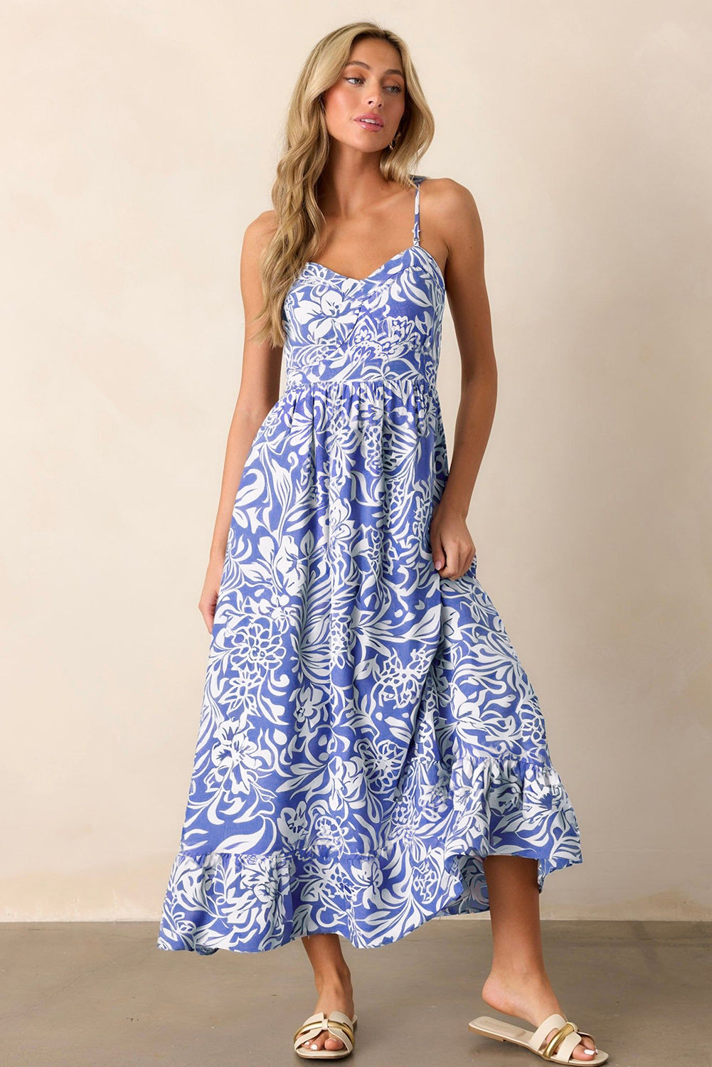Sky Blue Floral Print Spaghetti Strap High Waist Maxi Dress Floral Dresses JT's Designer Fashion