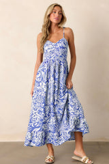 Sky Blue Floral Print Spaghetti Strap High Waist Maxi Dress Floral Dresses JT's Designer Fashion