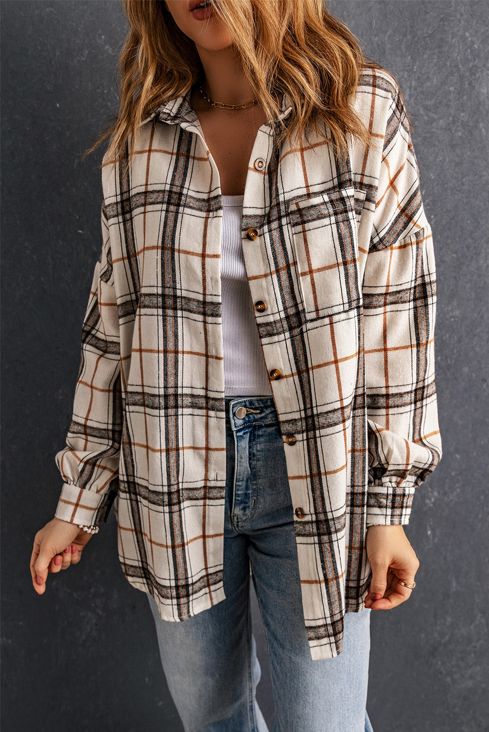 White Oversized Plaid Pattern Shacket with Slits Plaid Shackets JT's Designer Fashion