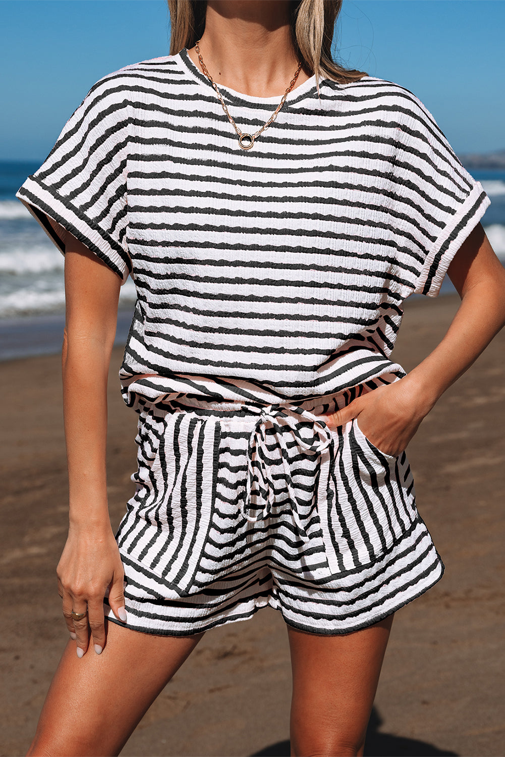 Black Stripe Knitted Short Sleeve Top and Drawstring Shorts Set Short Sets JT's Designer Fashion