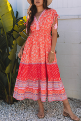Red Floral Print Tasseled Tied Sleeve Empire Waist Maxi Dress Floral Dresses JT's Designer Fashion