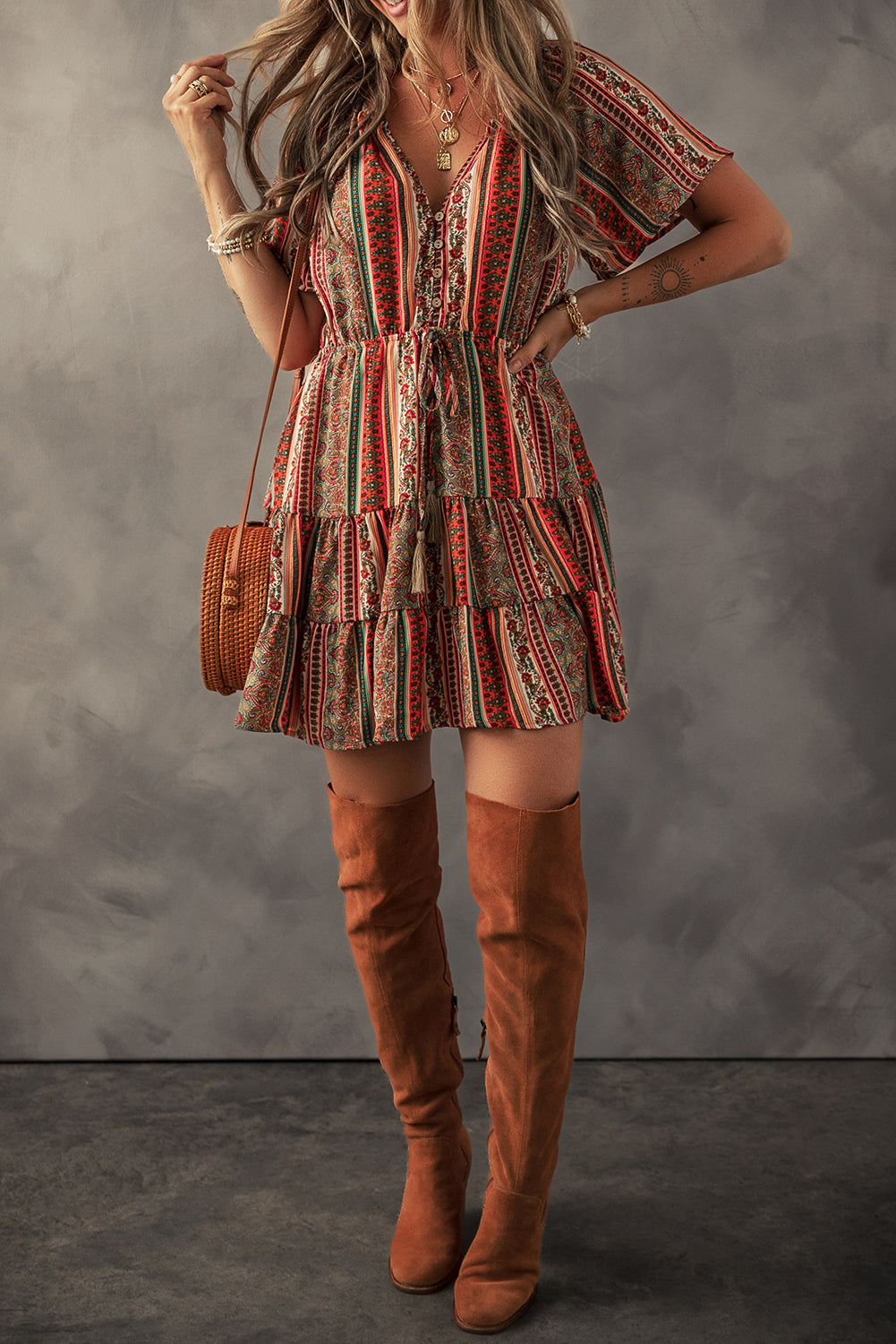 Red Bohemian Floral Print Buttoned V Neck Ruffle Tiered Dress Floral Dresses JT's Designer Fashion