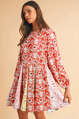 Red Colorful Floral Patchwork Long Sleeve Pleated Mini Dress Floral Dresses JT's Designer Fashion
