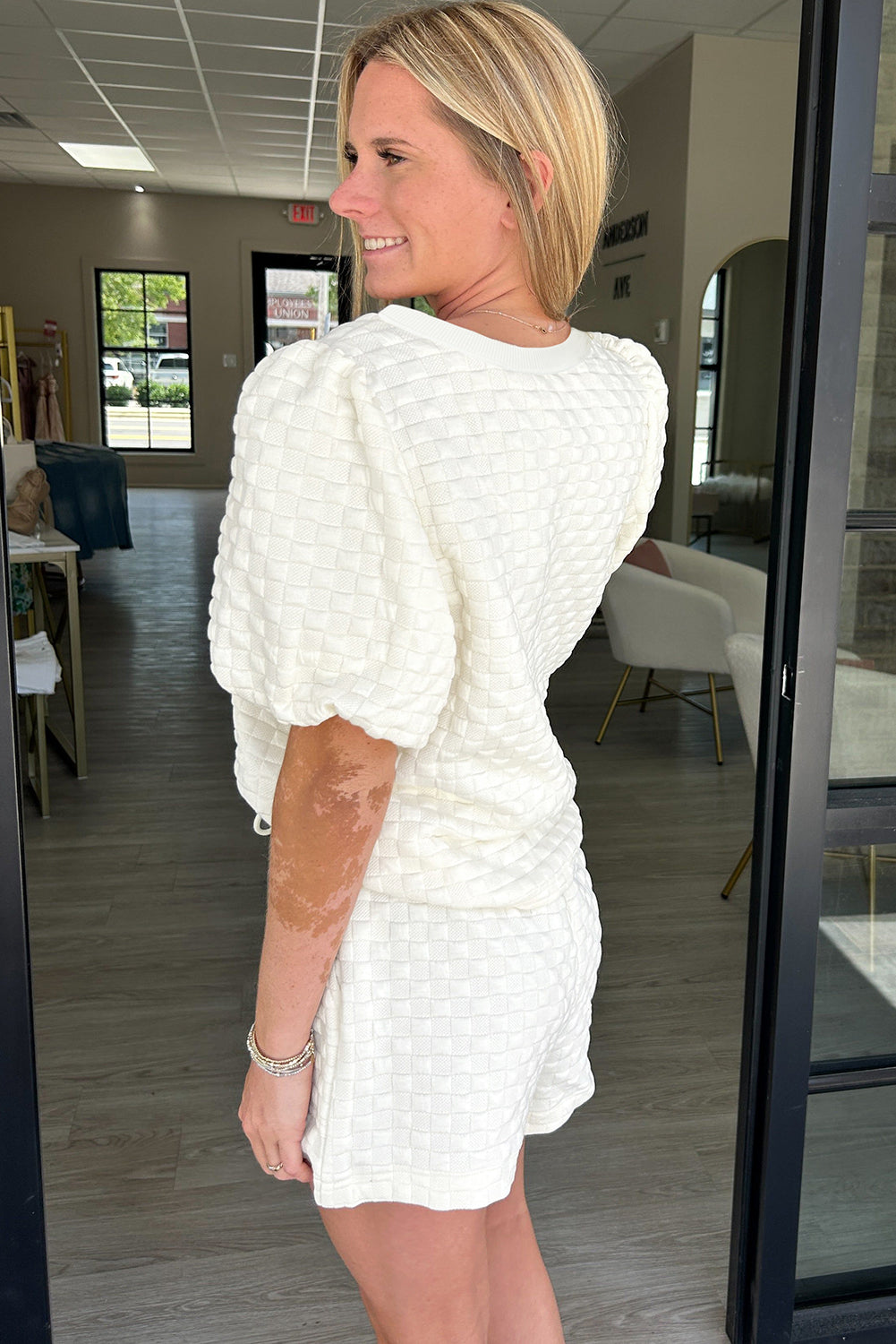 White Solid Color Checkered Texture Short 2pcs Outfit Short Sets JT's Designer Fashion