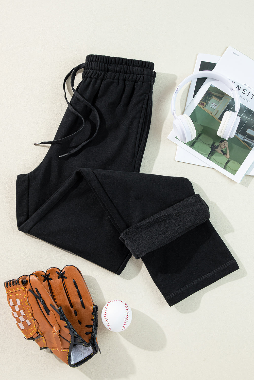 Black Solid Color Fleece Lined Drawstring Waist Casual Pants Pants & Culotte JT's Designer Fashion