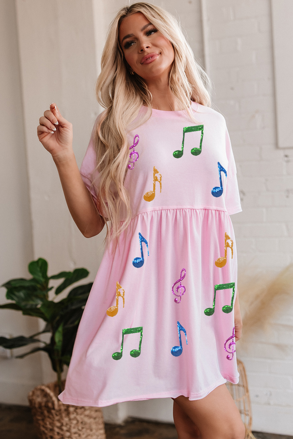 Light Pink Sequined Note Pattern Raw Edge Music Festival Babydoll T-shirt Dress Graphic Dresses JT's Designer Fashion
