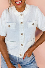 White Short Sleeve Button Detail Lightweight Knitted Shirt Sweaters & Cardigans JT's Designer Fashion
