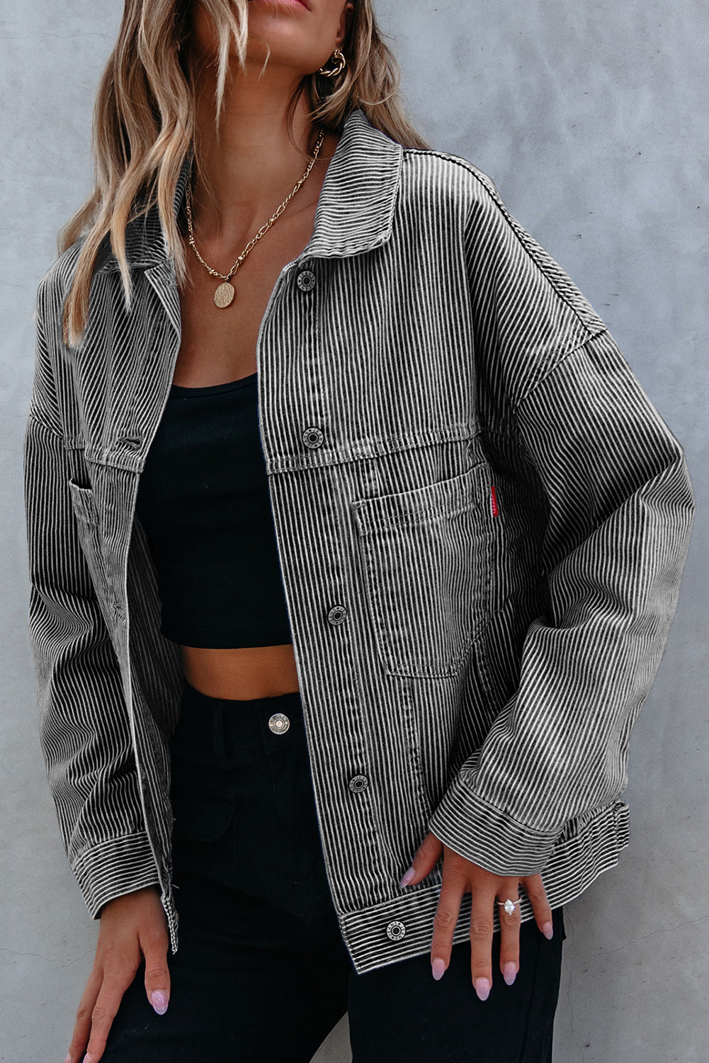 Blue Stripe Washed Oversize Pocketed Denim Jacket Denim Jackets JT's Designer Fashion