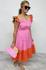 Bonbon Color Block Tiered Notched Neck Ruffle Sleeve Dress Dresses JT's Designer Fashion