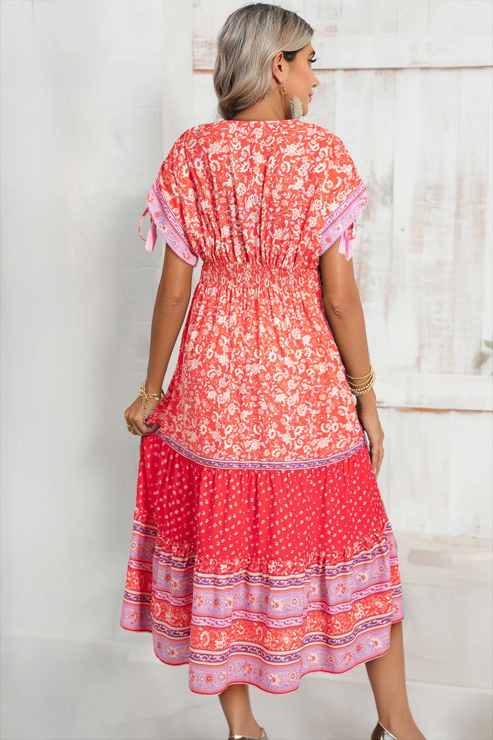 Red Floral Print Tasseled Tied Sleeve Empire Waist Maxi Dress Floral Dresses JT's Designer Fashion