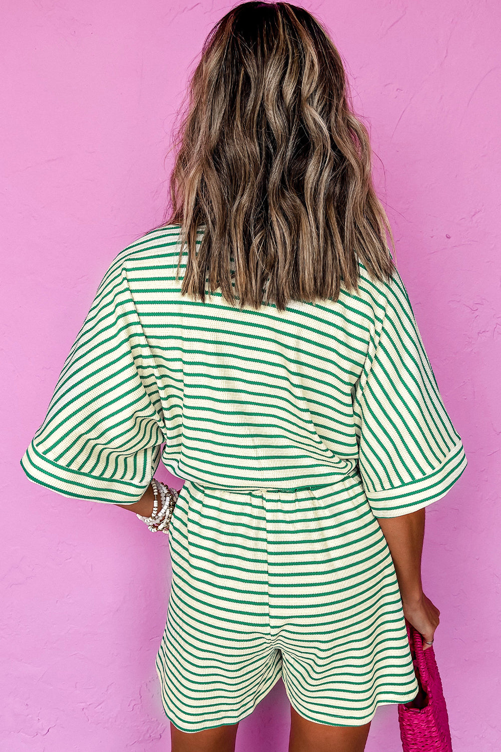 Green Stripe Textured Short Sleeve Collared Buttoned Waist Tie Romper Jumpsuits & Rompers JT's Designer Fashion