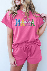 Strawberry Pink Sequined MAMA Letter Graphic Textured Short 2pcs Set Graphic Sets JT's Designer Fashion
