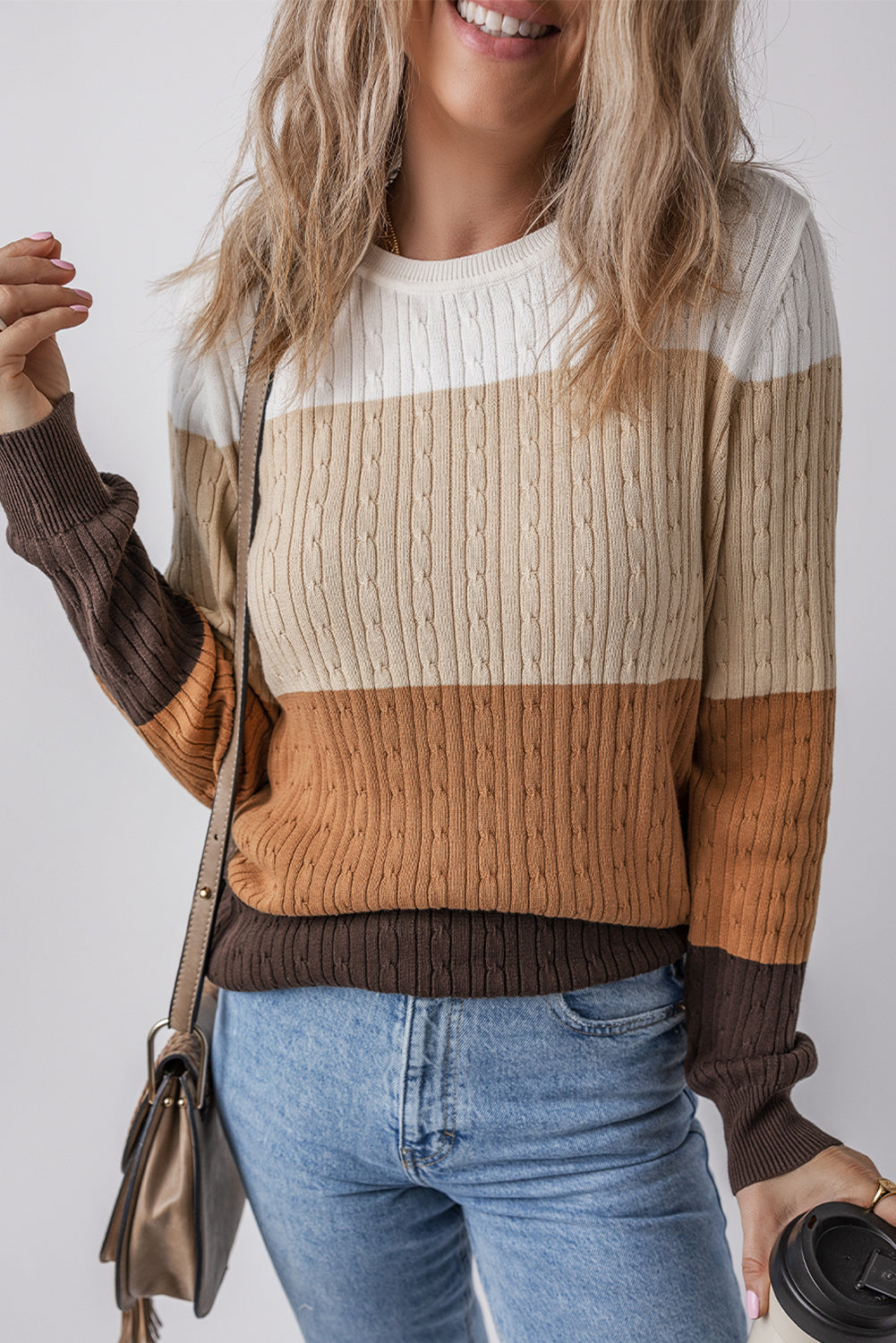 Khaki Colorblock Cable Knit Round Neck Sweater Khaki 100%Cotton Sweaters JT's Designer Fashion