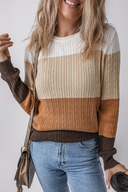 Khaki Colorblock Cable Knit Round Neck Sweater Khaki 100%Cotton Sweaters JT's Designer Fashion