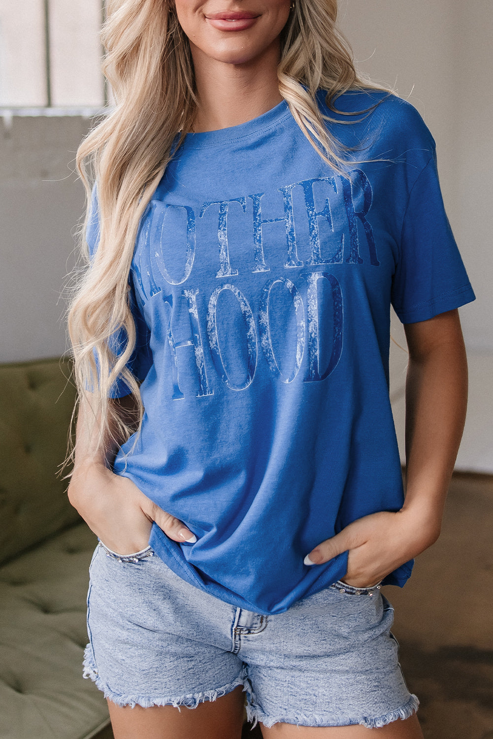 Sky Blue Vintage MOTHERHOOD Letter Graphic T Shirt Graphic Tees JT's Designer Fashion