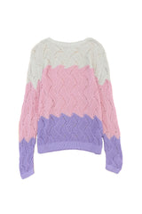Pink Color Block Hollow Knitted Loose Sweater Sweaters JT's Designer Fashion