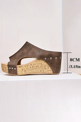 Chestnut Hollow Out Studded Leather Wedge Slippers Slippers JT's Designer Fashion