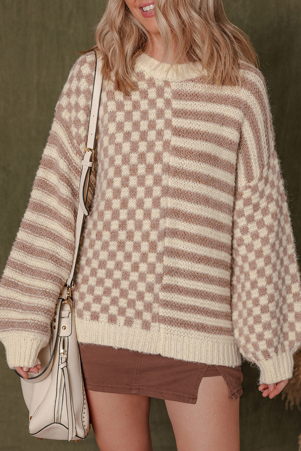 Khaki Stripe Checkerboard Drop Shoulder Balloon Sleeve Sweater Sweaters JT's Designer Fashion