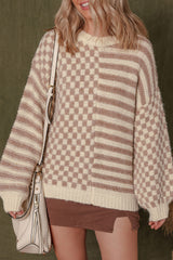 Khaki Stripe Checkerboard Drop Shoulder Balloon Sleeve Sweater Sweaters JT's Designer Fashion