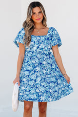 Blue Floral Puff Sleeve Babydoll Mini Dress Blue 100%Polyester Floral Dresses JT's Designer Fashion