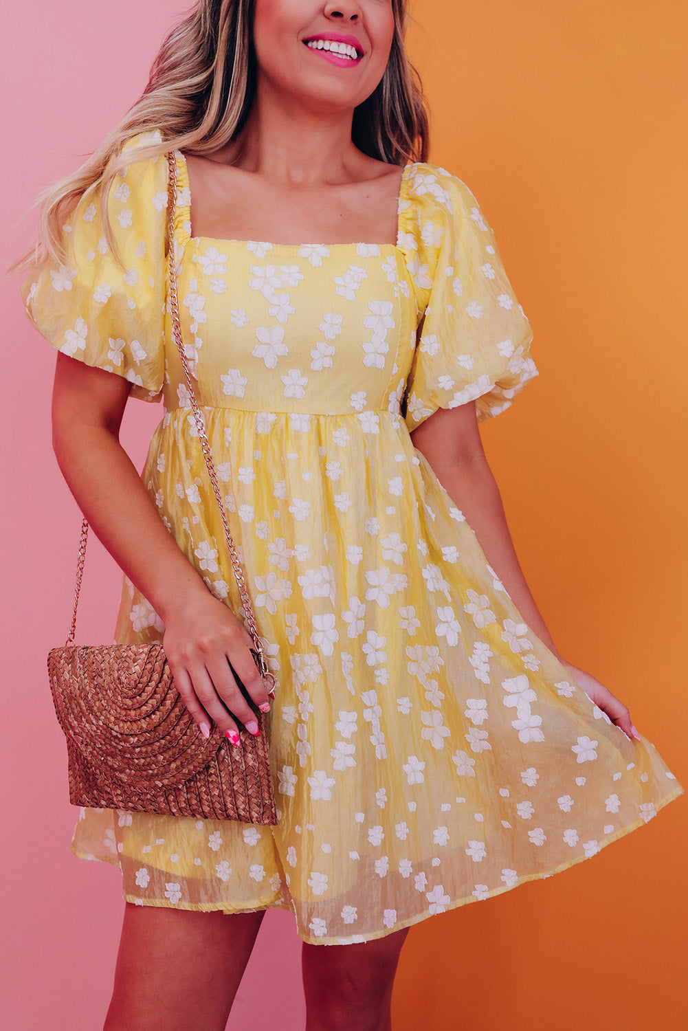 Yellow Boho Flower Jacquard Puff Sleeve Square Neck Mini Dress Yellow 100%Polyester Floral Dresses JT's Designer Fashion