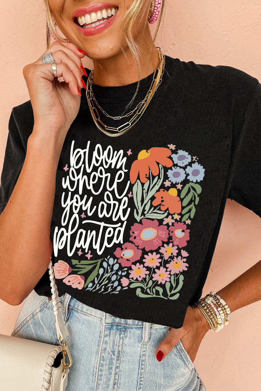 Black bloom where you are planted Floral Printed T Shirt Graphic Tees JT's Designer Fashion