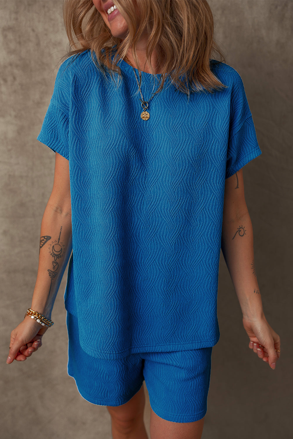 Bluing Solid Textured Crew Neck Short Set Short Sets JT's Designer Fashion