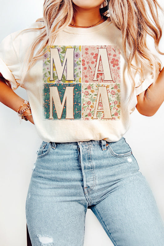 White MAMA Floral Block Graphic Casual T Shirt Graphic Tees JT's Designer Fashion