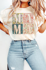 White MAMA Floral Block Graphic Casual T Shirt Graphic Tees JT's Designer Fashion