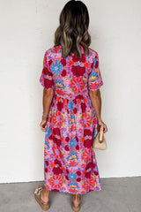 Rose Floral Print Tie High Waist Short Sleeve Loose Long Dress Dresses JT's Designer Fashion
