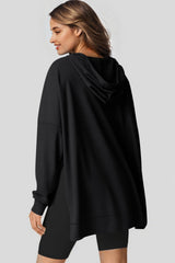 Black Waffle Knit Fleece Lined High Low Oversized Hoodie Sweatshirts & Hoodies JT's Designer Fashion