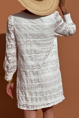 White Lace Crochet Round Neck Puff Sleeve Shift Mini Dress Mini Dresses JT's Designer Fashion