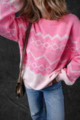Pink Western Aztec Geometric Drop Shoulder Sweater Sweaters JT's Designer Fashion
