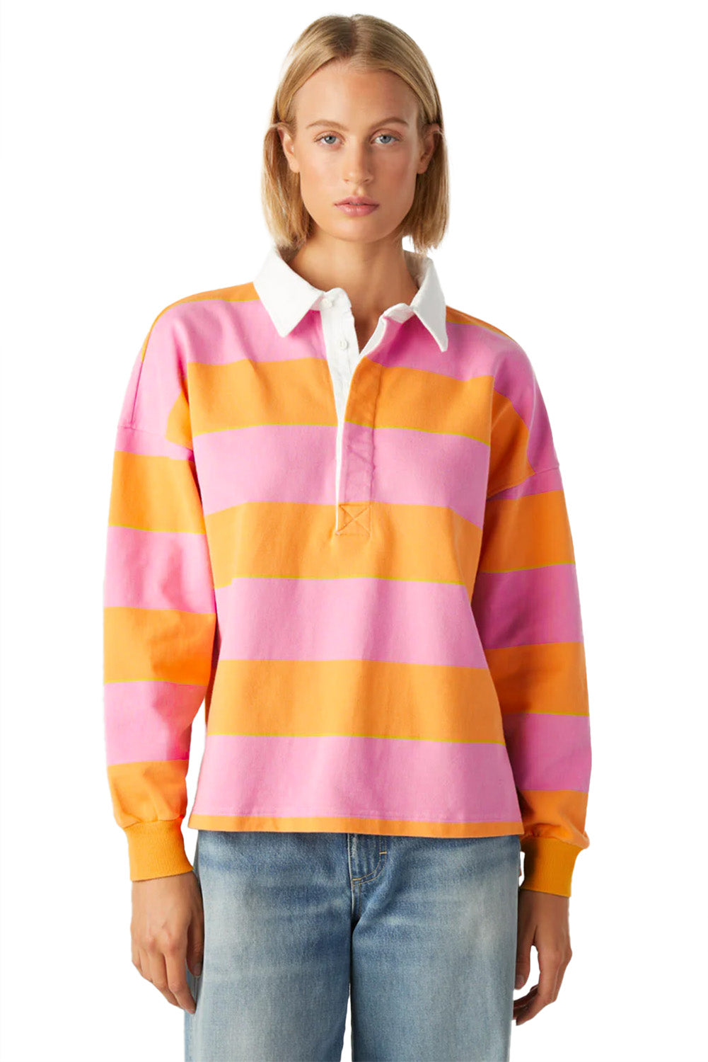 Yellow Stripe Color Block Polo Collar Sweatshirt Sweatshirts & Hoodies JT's Designer Fashion