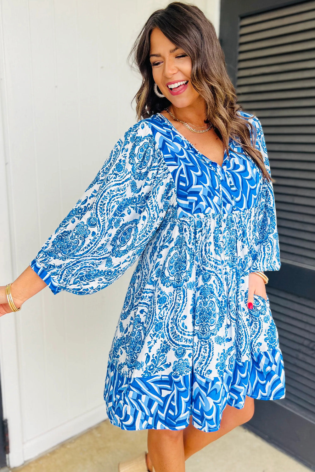 Sky Blue Bohemian Print Puff Sleeve Tied V Neck Flared Mini Dress Mini Dresses JT's Designer Fashion
