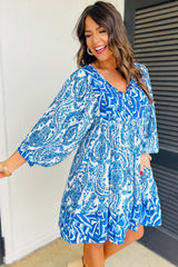 Sky Blue Bohemian Print Puff Sleeve Tied V Neck Flared Mini Dress Mini Dresses JT's Designer Fashion