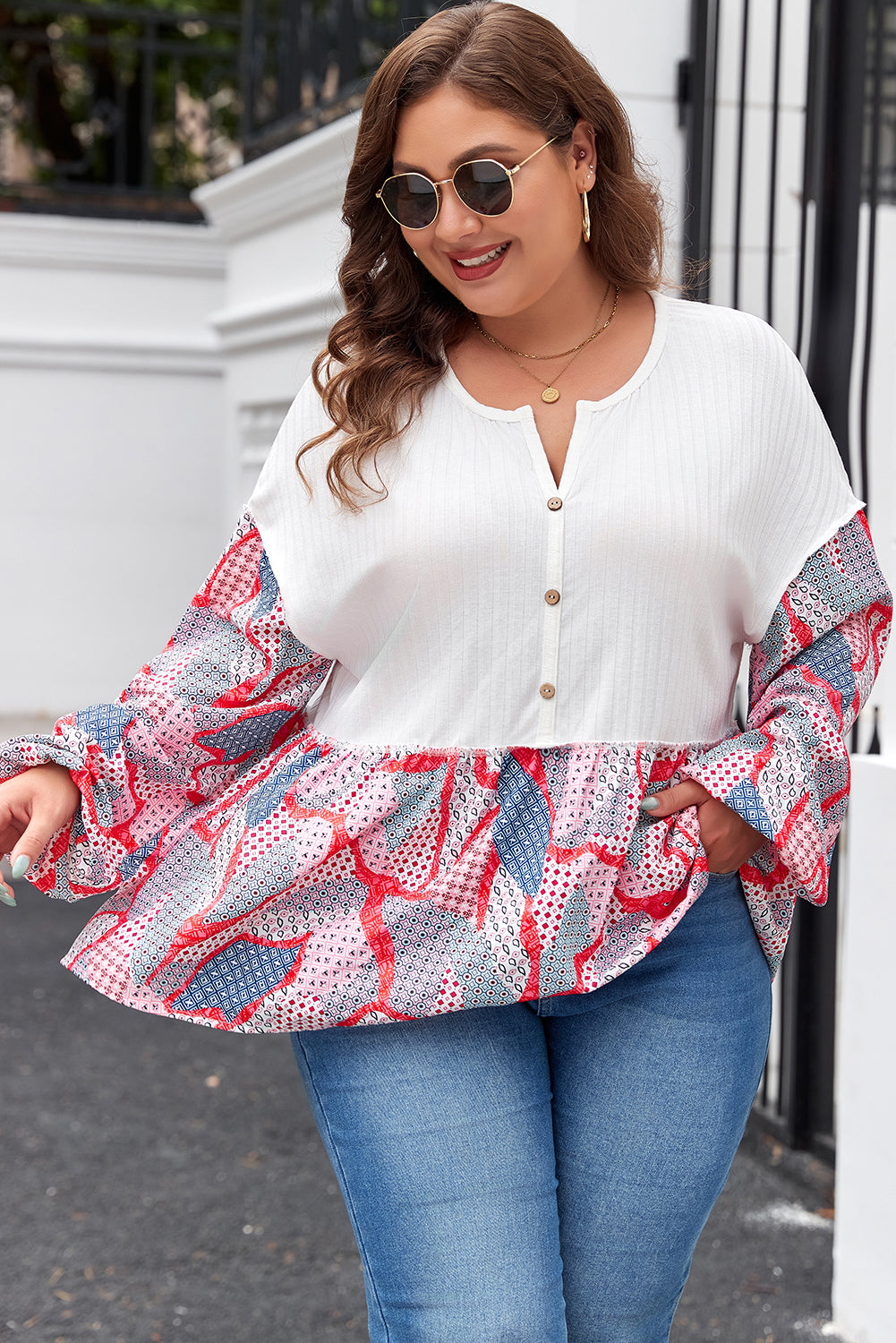 Apricot Plus Size Printed Patchwork Textured Buttoned Blouse Plus Size Blouses & Shirts JT's Designer Fashion