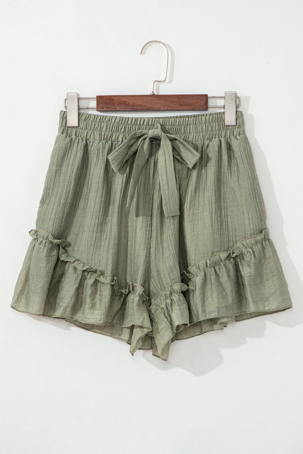 Laurel Green Textured Tie Waist Ruffle Hem Shorts Casual Shorts JT's Designer Fashion