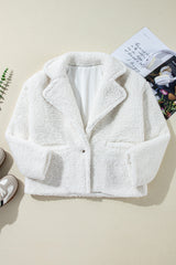 Beige Faux Fur Button Pocketed Lapel Collar Jacket Jackets JT's Designer Fashion