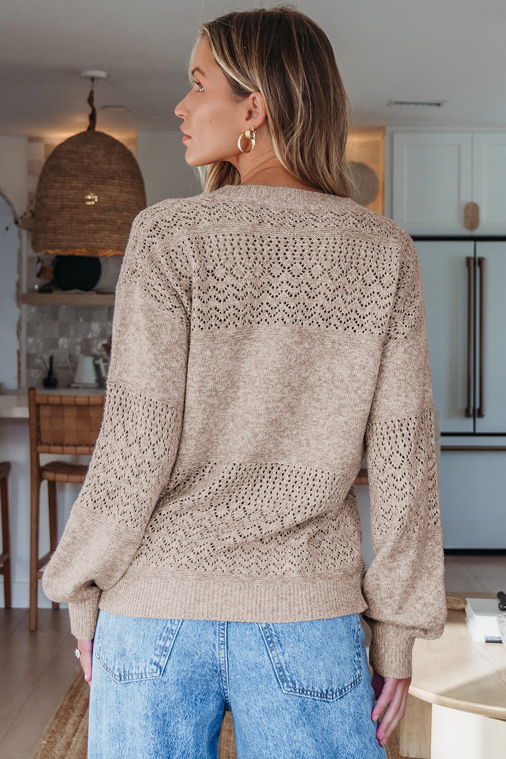 Brown Eyelet Pattern Detail V Neck Drop Shoulder Sweater Sweaters JT's Designer Fashion