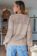 Brown Eyelet Pattern Detail V Neck Drop Shoulder Sweater Sweaters JT's Designer Fashion
