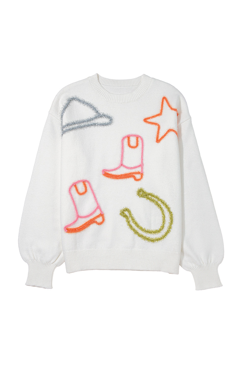 White Tinsel Western Boots Horseshoe Star Knit Crew Neck Sweater Sweaters JT's Designer Fashion