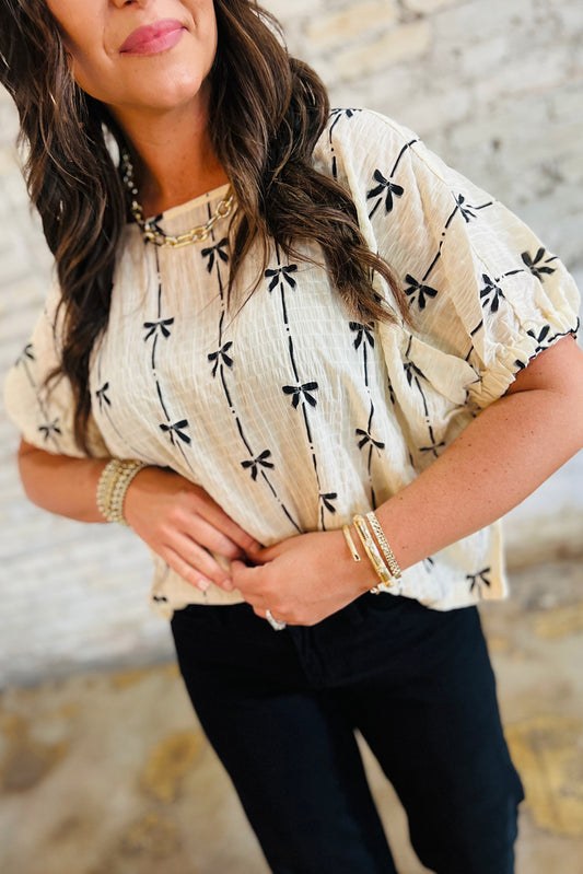 Beige Bow Print Puff Short Sleeve Top Beige 100%Polyester Blouses & Shirts JT's Designer Fashion